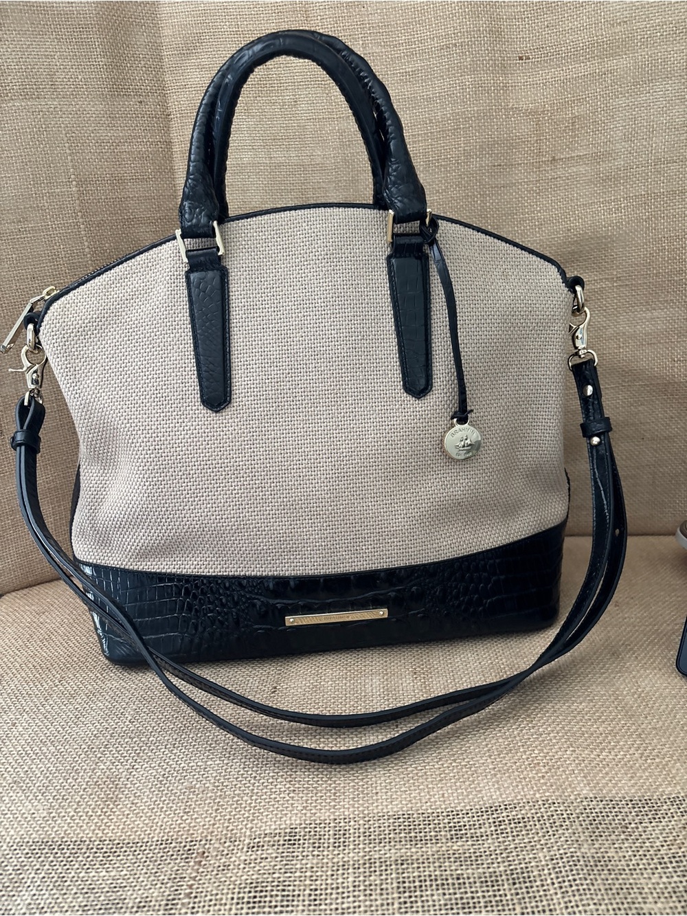Brahim Beige Black Duxbury Crocodile Embossed Leather Crossbody Satchel Purse